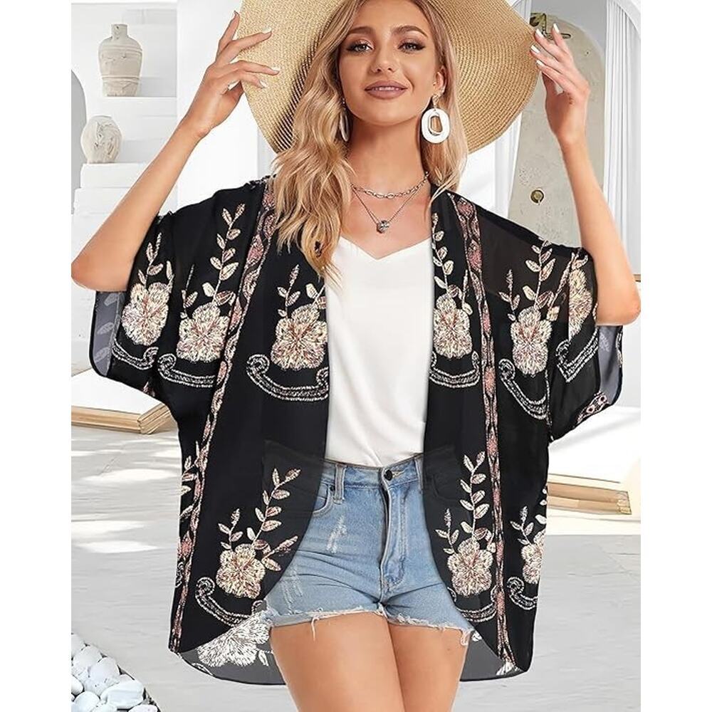 NEW Black Gold Women's 3X Floral Print Kimono Cardigan Loose Cover Up Shirt - Picture 3 of 6